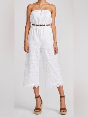 Express White Strapless Jumpsuit Eyelet Design Wide Crop Leg